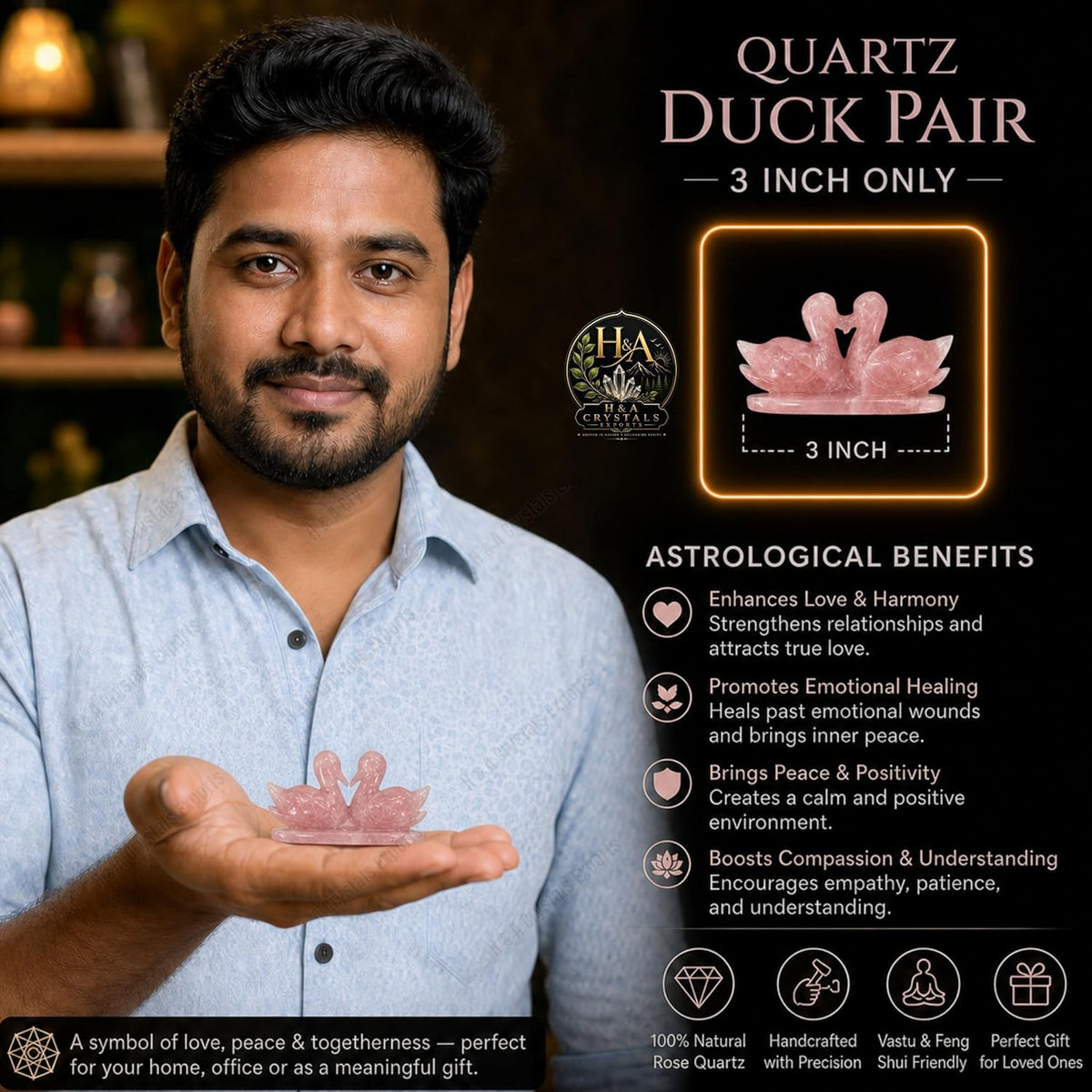 Rose Quartz Crystal Duck Pair