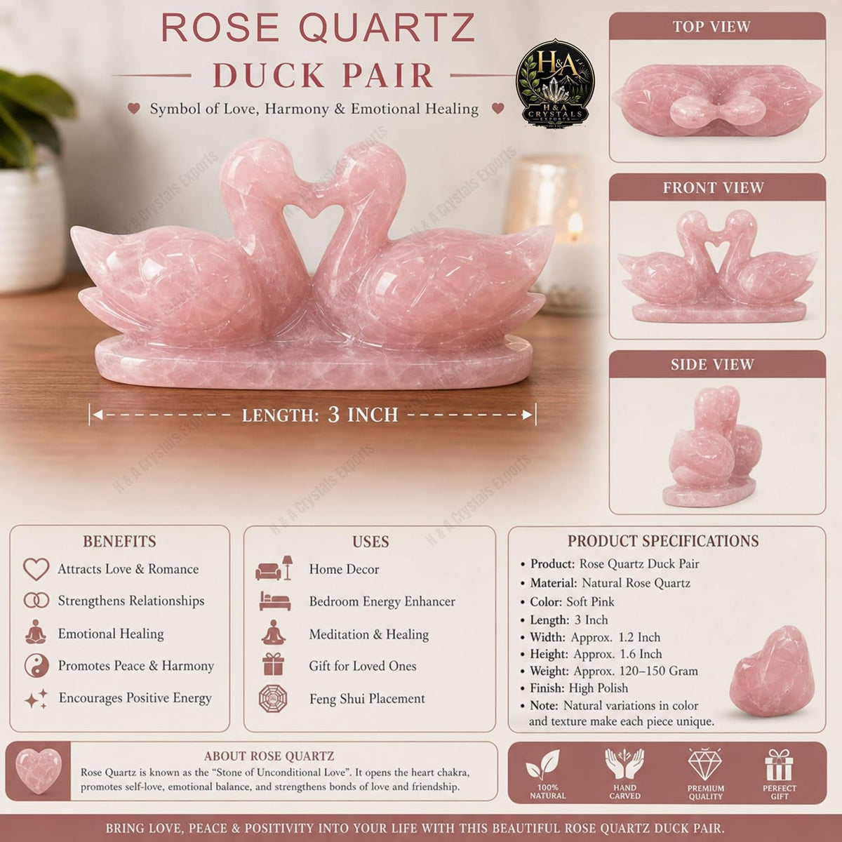 Rose Quartz Crystal Duck Pair